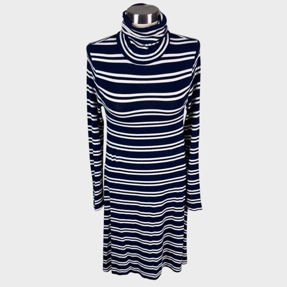Anthropologie Maeve Womens Small Navy Blue White Stripe Turtleneck Dress - Picture 2 of 7